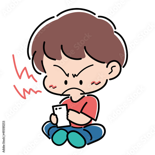 80'sレトロファンシー風イラスト・スマホを使ってイライラする少年