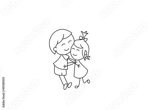 Vector isolated cute cartoon hugging boy and girl colorless black and white contour line doodle drawing