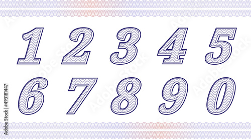 Guilloche numbers or letters with diploma certificate money grid texture.