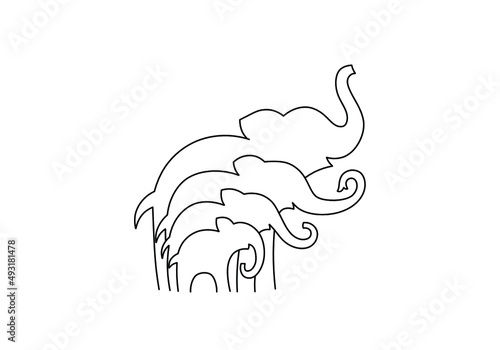 Vector isolated four elephants one after another, elephants family colorless black and white abstract line drawing
