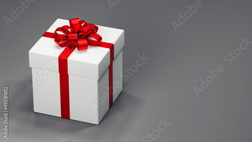 white gift box with red bow on grey background 3D render © viklyaha