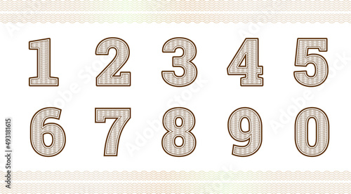 Guilloche numbers or letters with diploma certificate money grid texture.