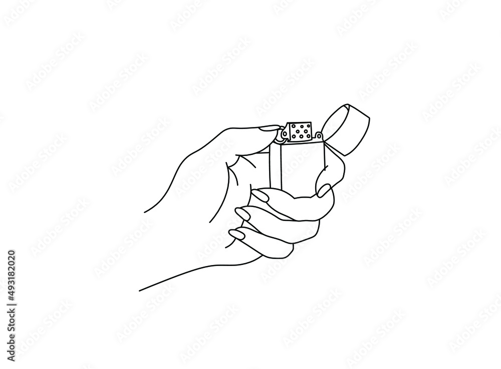 Vector isolated gas lighter in a woman's hand colorless black and white contour line drawing