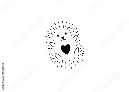 Vector isolated cute cartoon  hedgehog lying on its back colorless black and white dotted line doodle drawing