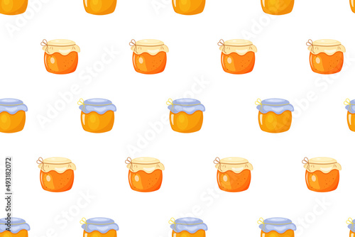 Honey seamless pattern. Cartoon colored jam jars on white background.