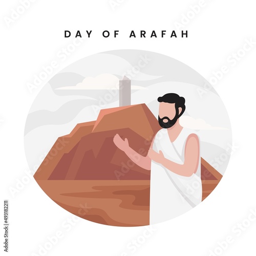 Arabic Calligraphy of Arafah Day. Islamic holiday that falls on the 9th day of Dhu al-Hijjah of the lunar Islamic Calendar. Vector Illustration