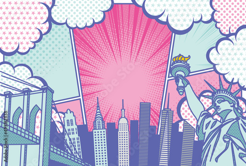ポップアート風のニューヨークの街並み背景イラスト