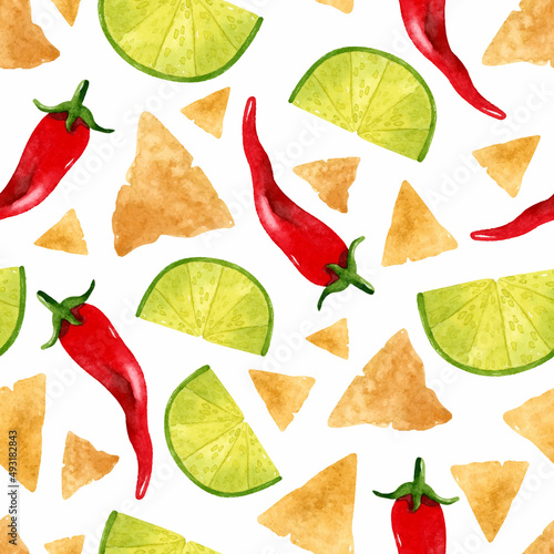 Jalapeno pepper, nachos, lime watercolor seamless pattern