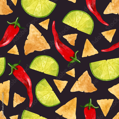 Jalapeno pepper, nachos, lime watercolor seamless pattern on dark background