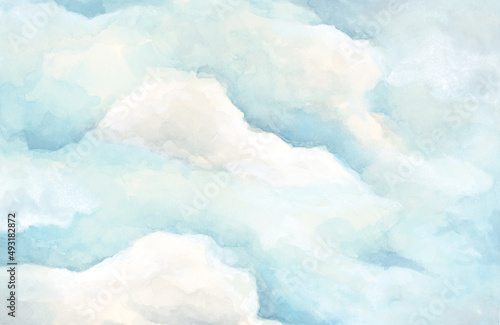 Blue sky with clouds, Watercolor illustration.