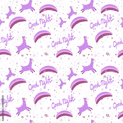 Seamless pattern with llamas, drawn element in cartoon style. Animals jumping on a rainbow against a white background. The lettering is handwritten. Stars, llamas and rainbow.