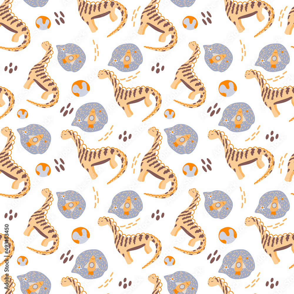 Seamless pattern with cute dinosaurs in space. Dinosaurs dreaming of a rocket, drawn in a flat style on a white background. Planets and dinosaurs. Reptiles. Suitable for packing children's textiles. Seamless pattern with cute dinosaurs in space. Dinosaurs dreaming of a rocket, drawn in a flat style on a white background. Planets and dinosaurs. Reptiles. Suitable for packing children's textiles.