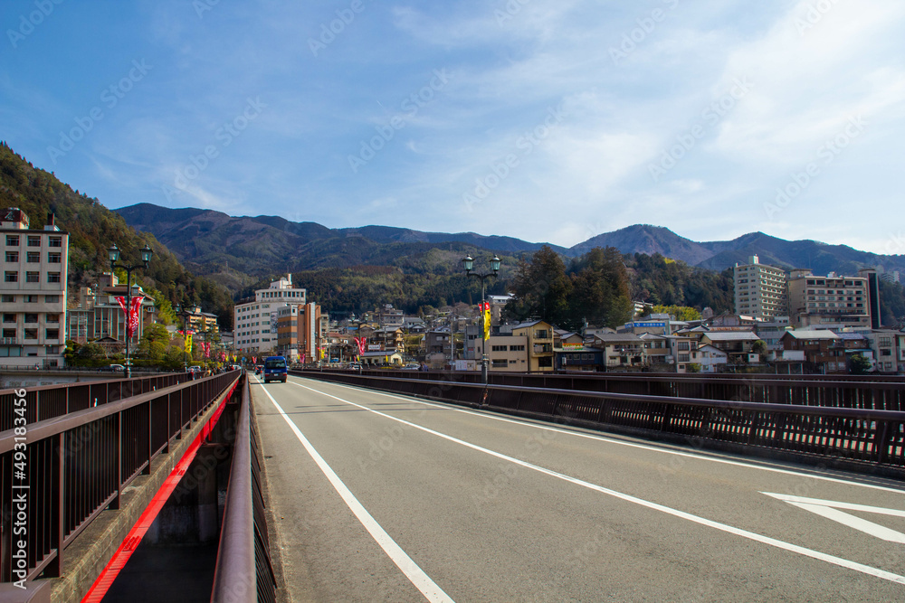 観光地 下呂温泉中心地と下呂大橋 観光名所 風景写真 観光地 下呂温泉中心地と下呂大橋 観光名所 風景写真