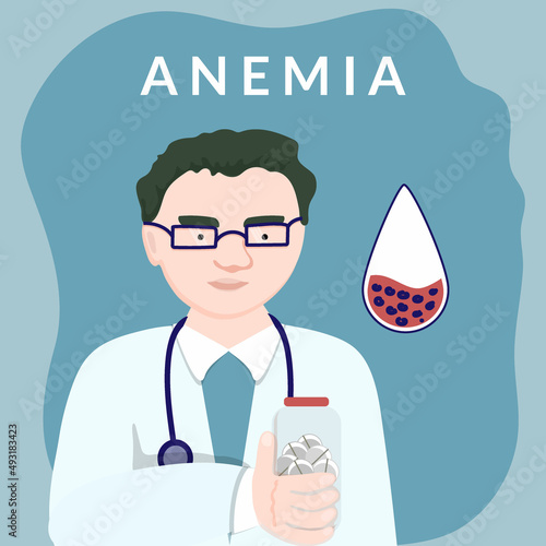 Medical care concept for low hemoglobin. Physician helps treat anemia, offers pills. Flat style vector illustration for medical clinics.