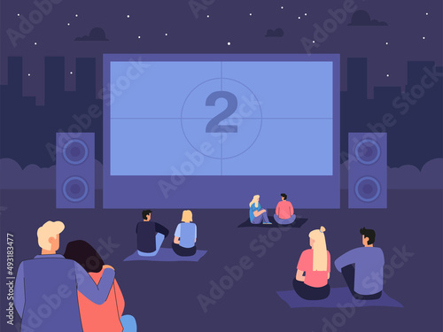 Friends and couples watching movies on big screen in open air. Cartoon people relaxing in backyard in evening or at night during weekend flat vector illustration. Vacation, outdoor activities concept