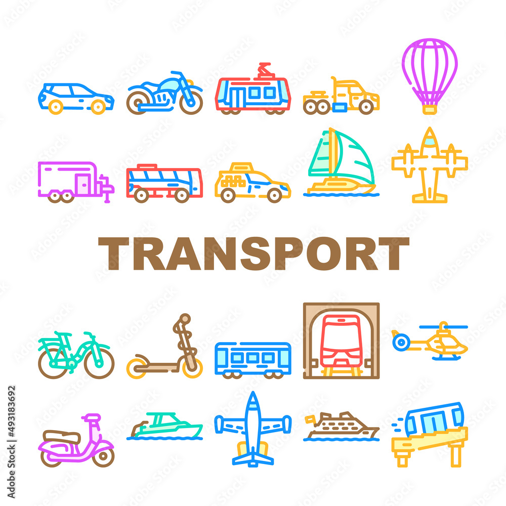 Transport Vehicle And Flying Icons Set Vector. Balloon And Aircraft Fly Transport, Car And Taxi, Bus And Underground, Helicopter And Tramway, Boat And Cruise Liner Color Illustrations
