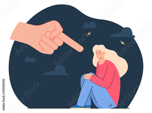 Hand pointing at depressed guilty young cartoon woman. Society accusing sad ashamed girl, victim blaming, denunciation, conviction flat vector illustration. Bullying, shame, guilt concept for banner