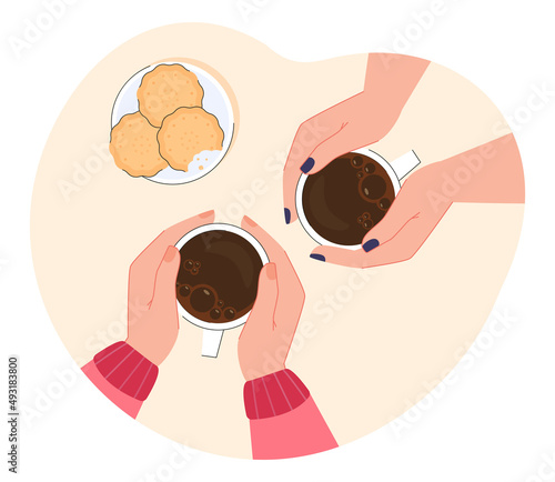 Top view of female hands holding ceramic mugs with coffee. Two women at table with warm drinks flat vector illustration. Morning, breakfast concept for banner, website design or landing web page