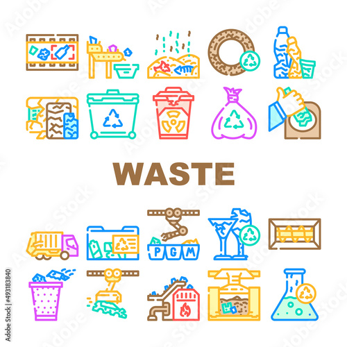 Waste Sorting Conveyor Equipment Icons Set Vector. Chemical Hazardous, Technique And Organic Waste Sorting, Transportation, Recycling And Incineration. Trash Container And Bag Color Illustrations
