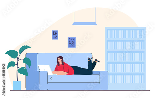 Cartoon woman lying on sofa with laptop. Girl relaxing or working on computer from home flat vector illustration. Remote work or freelance, relaxation concept for banner or landing web page