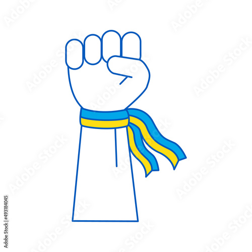 Vector illustration of cartoon hand with Ukrainian flag colors ribbon.