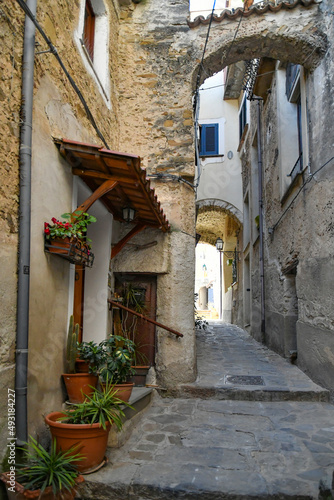 A narrow street among the old stone houses of Castellabate  town in Salerno province  Italy. 