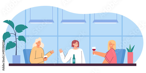 Female friends talking and drinking at table in cafe or bar. Cartoon people hanging out together during lunch flat vector illustration. Communication, friendship concept for banner or landing web page