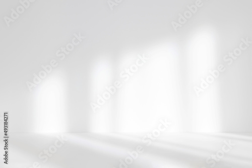 Fototapeta Naklejka Na Ścianę i Meble -  Abstract white studio background for product presentation. Empty room with shadows of window. Display product with blurred backdrop. Soft focus