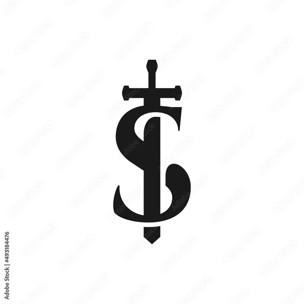 letter S with a silhouette of the sword. medieval logo theme. letter S with a silhouette of the sword. medieval logo theme.