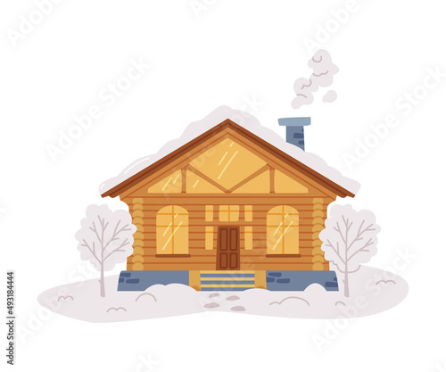 Winter House and Country Cottage with Roof Covered with Snow and Tree in the Yard Vector Illustration
