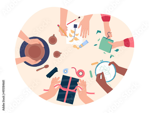 Top view of hands of children making creative crafts. People scrapbooking, sewing or doing embroidery, drawing in workshop, handmade works flat vector illustration. DIY, creativity, craftwork concept