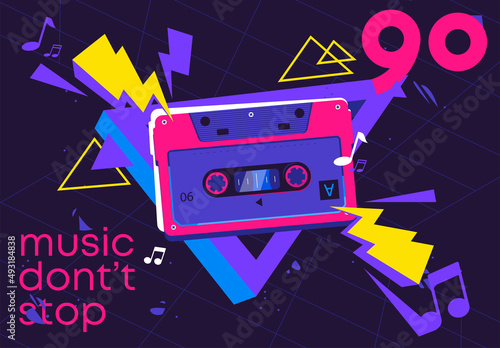 Slika na platnu Vector illustration themed party return to the 90s, retro audio cassette with ac