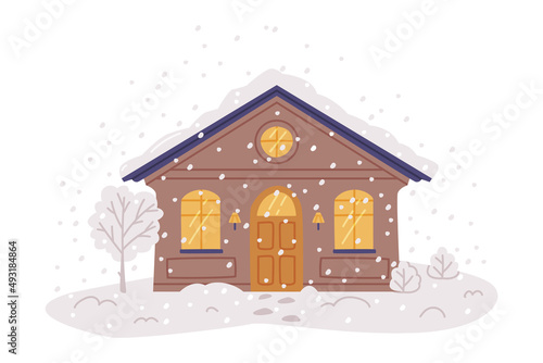 Winter House and Country Cottage with Roof Covered with Snow and Tree in the Yard Vector Illustration