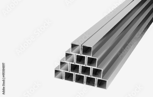 Stacked metal square thick-walled profile pipe side view.Vector illustration for business and industrial.
