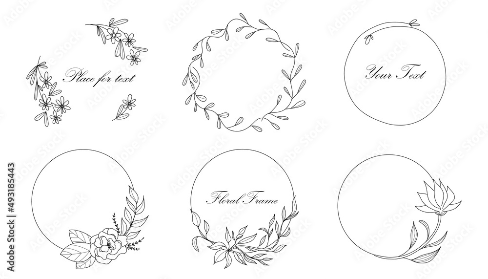 Botanical circle frame. Hand drawn round line border, leaves and flowers, wedding invitation and cards, logo design and posters template. Elegant minimal style floral vector isolated set Botanical circle frame. Hand drawn round line border, leaves and flowers, wedding invitation and cards, logo design and posters template. Elegant minimal style floral vector isolated set