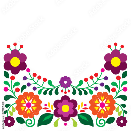 Mexican folk art style vector floral greeting card or invitation design, colorful pattern with flowers inspired by traditional embroidery from Mexico
 
