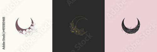 Boho moon. Flowers in trendy linear minimal style,print poster or card set, outline emblem or logo, jewelry, cosmetics, beauty and tattoo, mystery feminine, esoteric and astronomy vector illustration