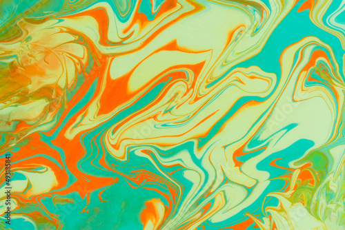 Turquoise orange beige acrylic fluid art. Abstract creative spring background. Artistic floral background. Dynamic lines, movement, contrast splash. Design of holiday cards. Fashionable marble texture