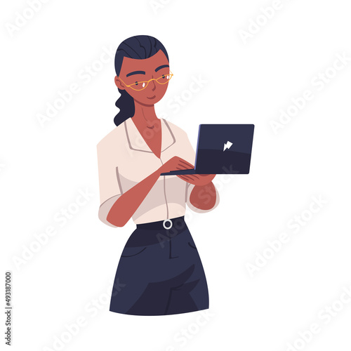 Young Businesswoman in White Blouse Holding Laptop Working in Office Vector Illustration