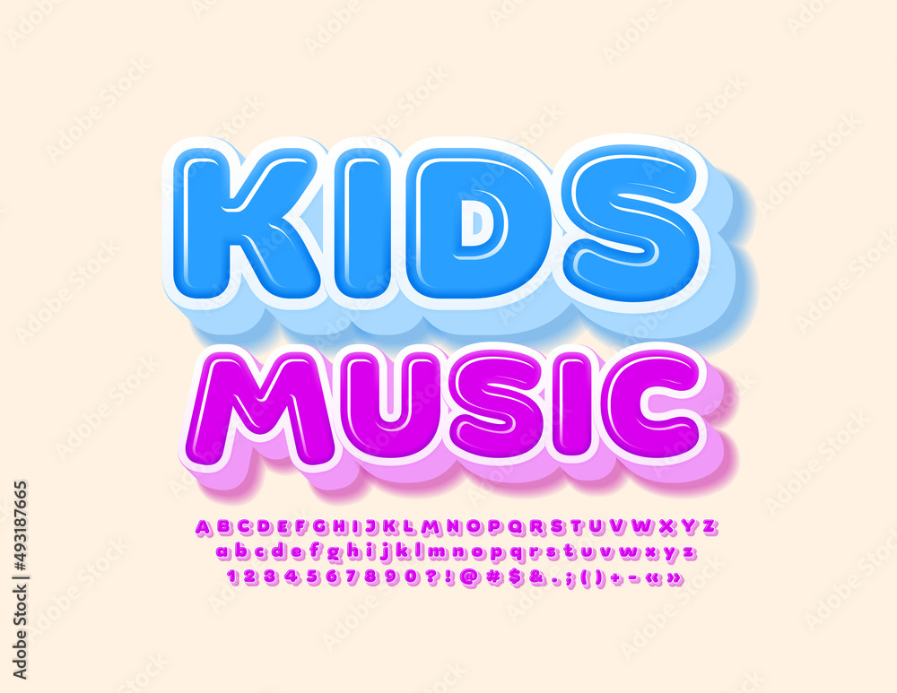 Vector colorful Banner Kids Music. Pink 3D Font. Creative Alphabet Letters and Numbers