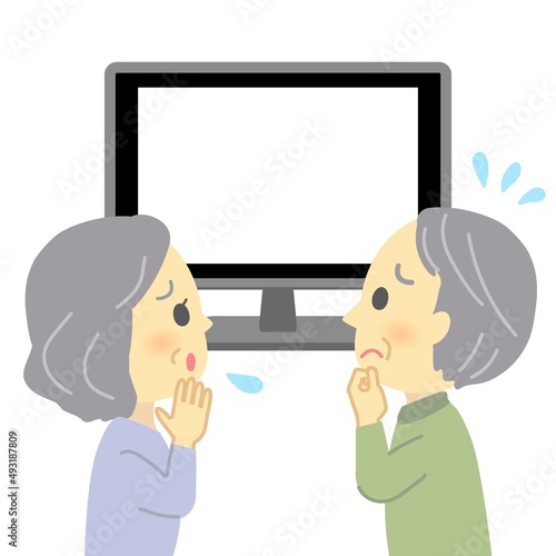 イラスト素材：テレビを見て不安な表情になる老夫婦（シニア接種/主線なし/白抜き）
