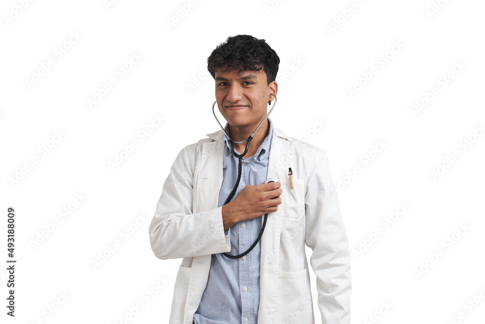 Portrait of a young peruvian male doctor using the stethoscope on him. Isolated over white background.