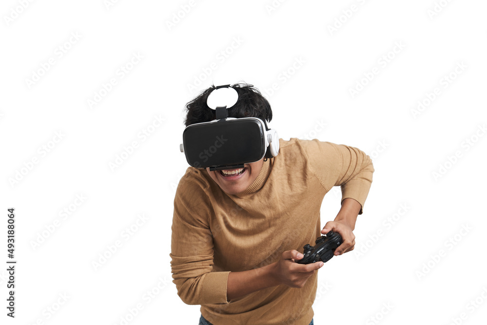 Young peruvian man playing video games with a joystick and vr headset. Isolated over white background. Young peruvian man playing video games with a joystick and vr headset. Isolated over white background.