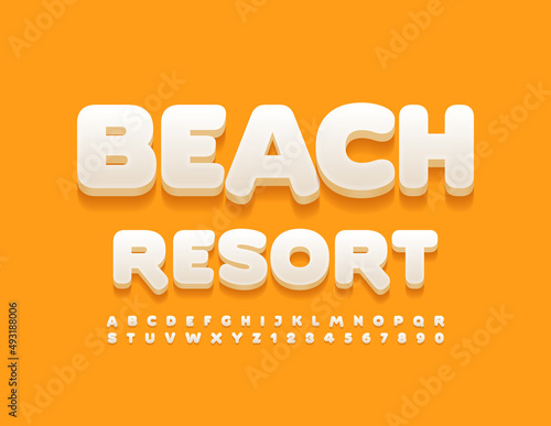 Vector advertising Banner Beach Resort. Cute 3D Font. Creative Alphabet Letters and Numbers set