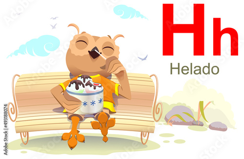 ABC spanish alphabet letter H helado. Owl sit bench and eat ice cream
