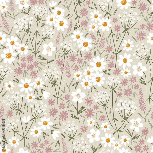 Wild and pretty field flowers, pattern illustration