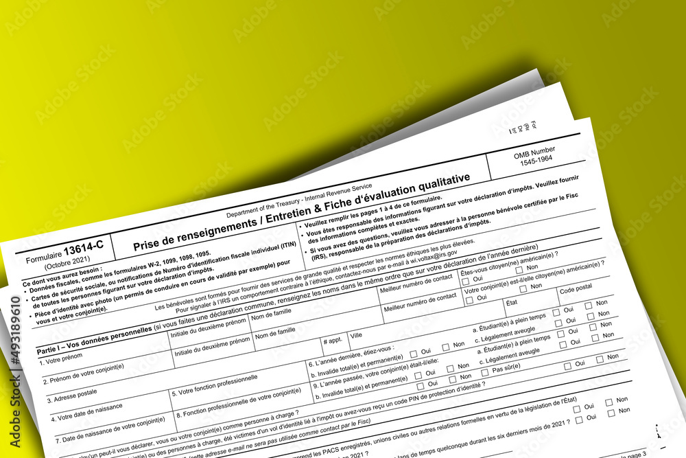 Form 13614-C (fr) documentation published IRS USA 44327. American tax document on colored Form 13614-C (fr) documentation published IRS USA 44327. American tax document on colored