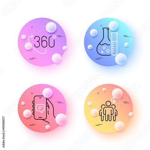 Chemistry lab, Chat app and 360 degree minimal line icons. 3d spheres or balls buttons. Brand ambassador icons. For web, application, printing. Laboratory, Smartphone message, Virtual reality. Vector