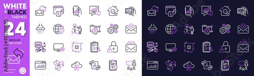 Food delivery, Wallet and Mail line icons for website, printing. Collection of Wind energy, People chatting, Monitor settings icons. Accounting, Reject, Environment day web elements. Vector