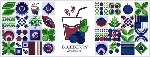 Set of design elements and logo with blueberries in simple geometric style. Abstract shapes. Good for branding, decoration of food package, cover design, decorative home kitchen prints, background.